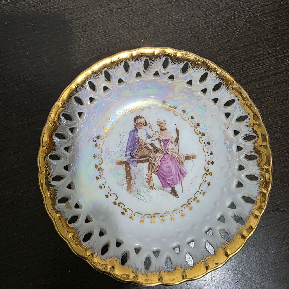 Vtg Porcelain Fine China 44/035 Lace Cut Couple on Bench Saucer Made in Japan